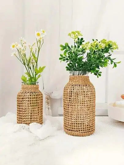 Woven Cylindrical Glass Vase – Decorative Desktop Planter for Home & Office