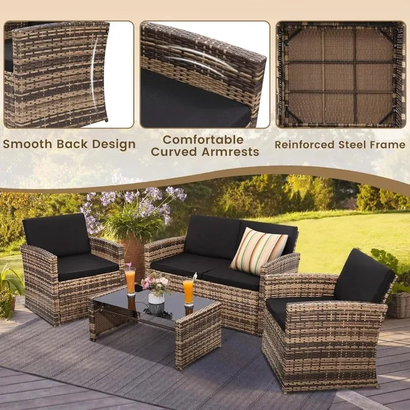 4‑Piece All‑Weather Rattan Sectional Sofa – Outdoor Patio Furniture Set with Cushions & Tempered Glass Table