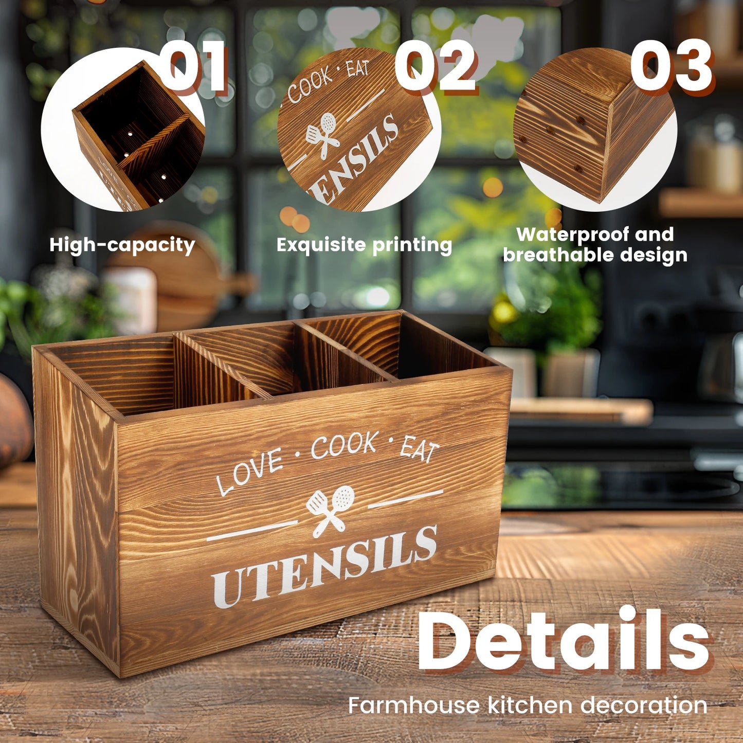 Wood Kitchen Utensil Holder – Large Spoon, Fork & Tableware Storage Caddy Organizer
