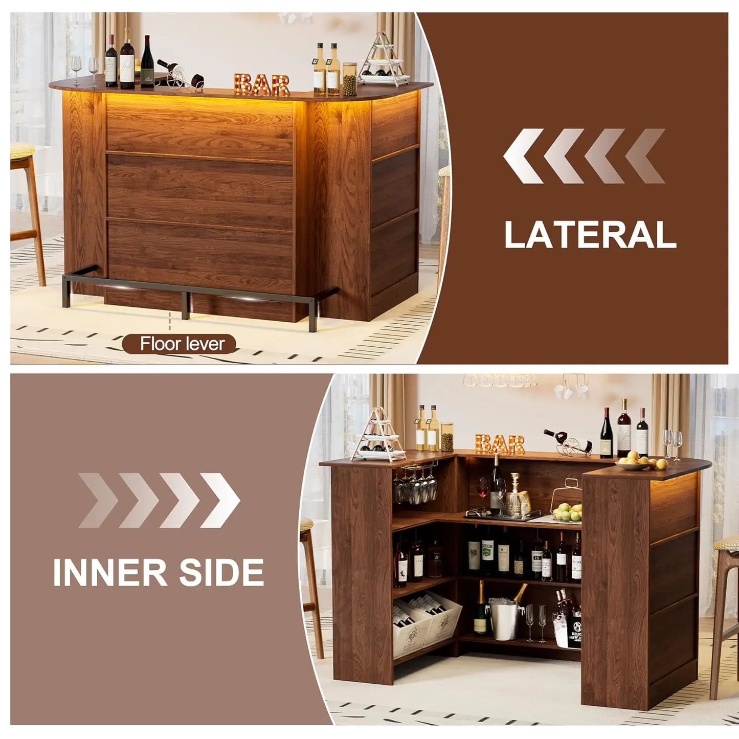 Home Unit Bar Cabinet with LED Light & Stemware Holders, 3 Tier Liquor Storage Cabinet