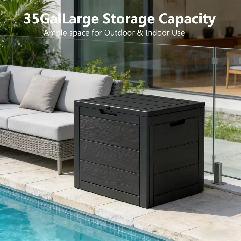 35-Gallon Outdoor Storage Box Waterproof UV-Resistant Lockable for Garden Tools Furniture Toys - Indoor/Outdoor Organizer