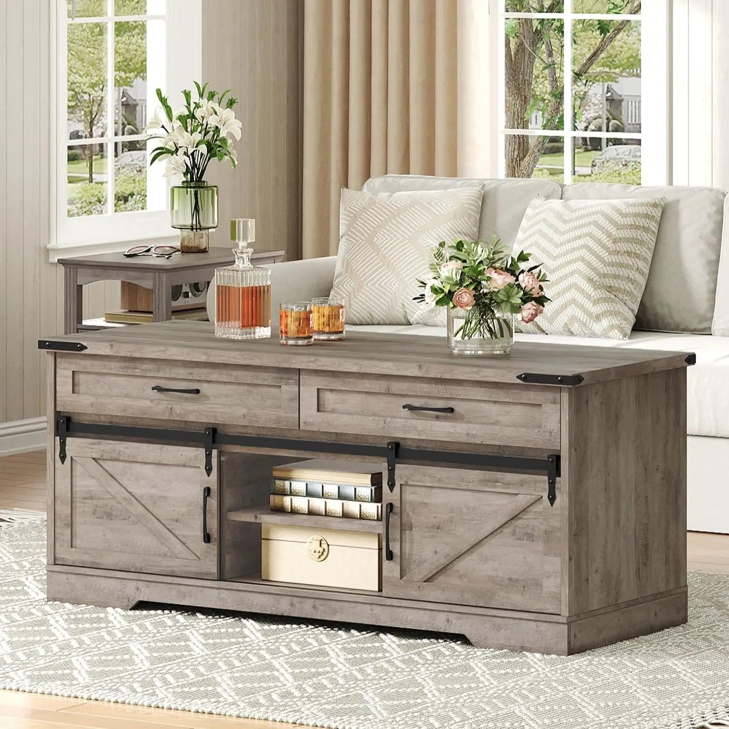 47" Farmhouse Coffee Table with 2 Drawers and Sliding Barn Doors for Storage