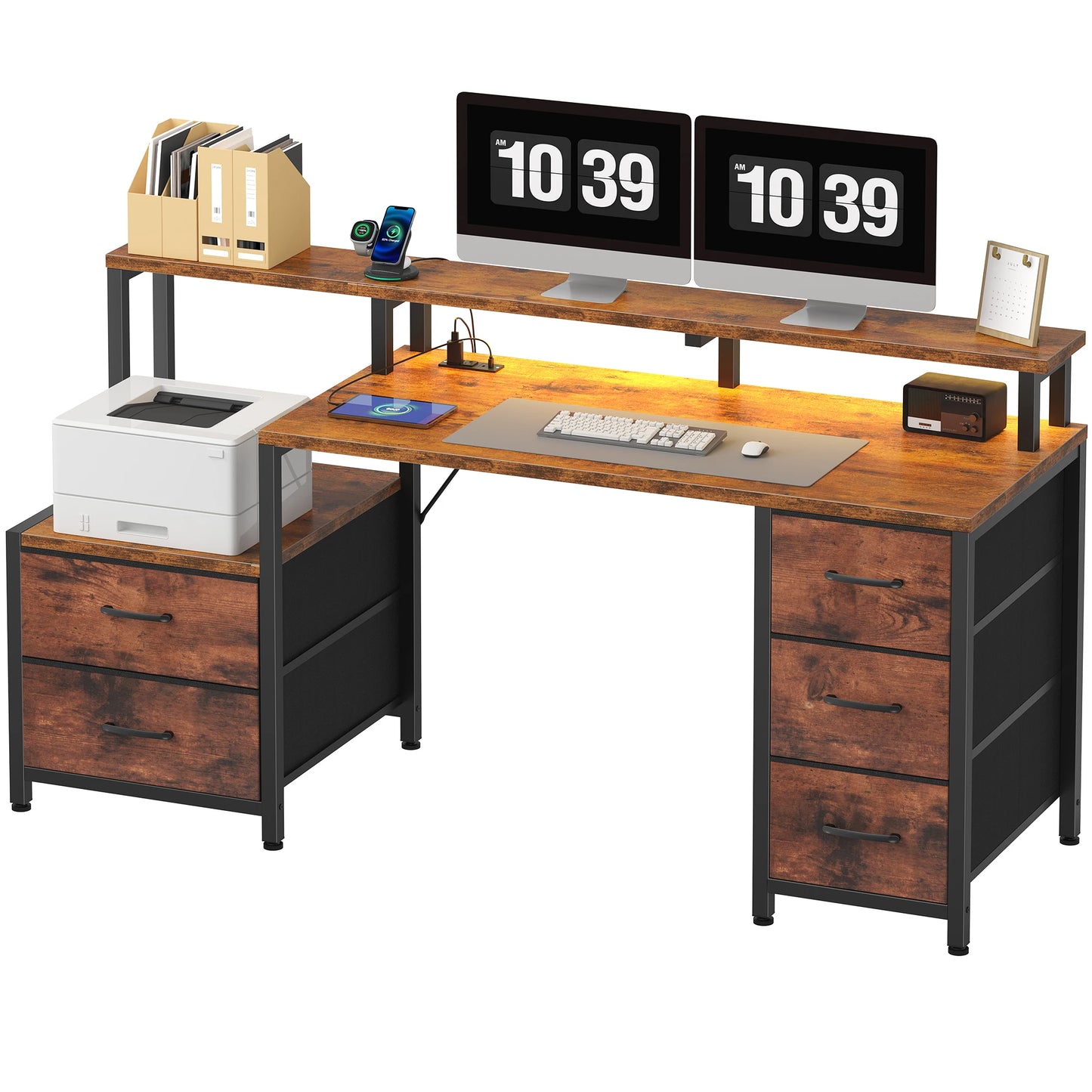 67" Gaming Computer Desk with 5 Drawers – Wood Office Desk with LED Lights & Built‑In Power Outlets