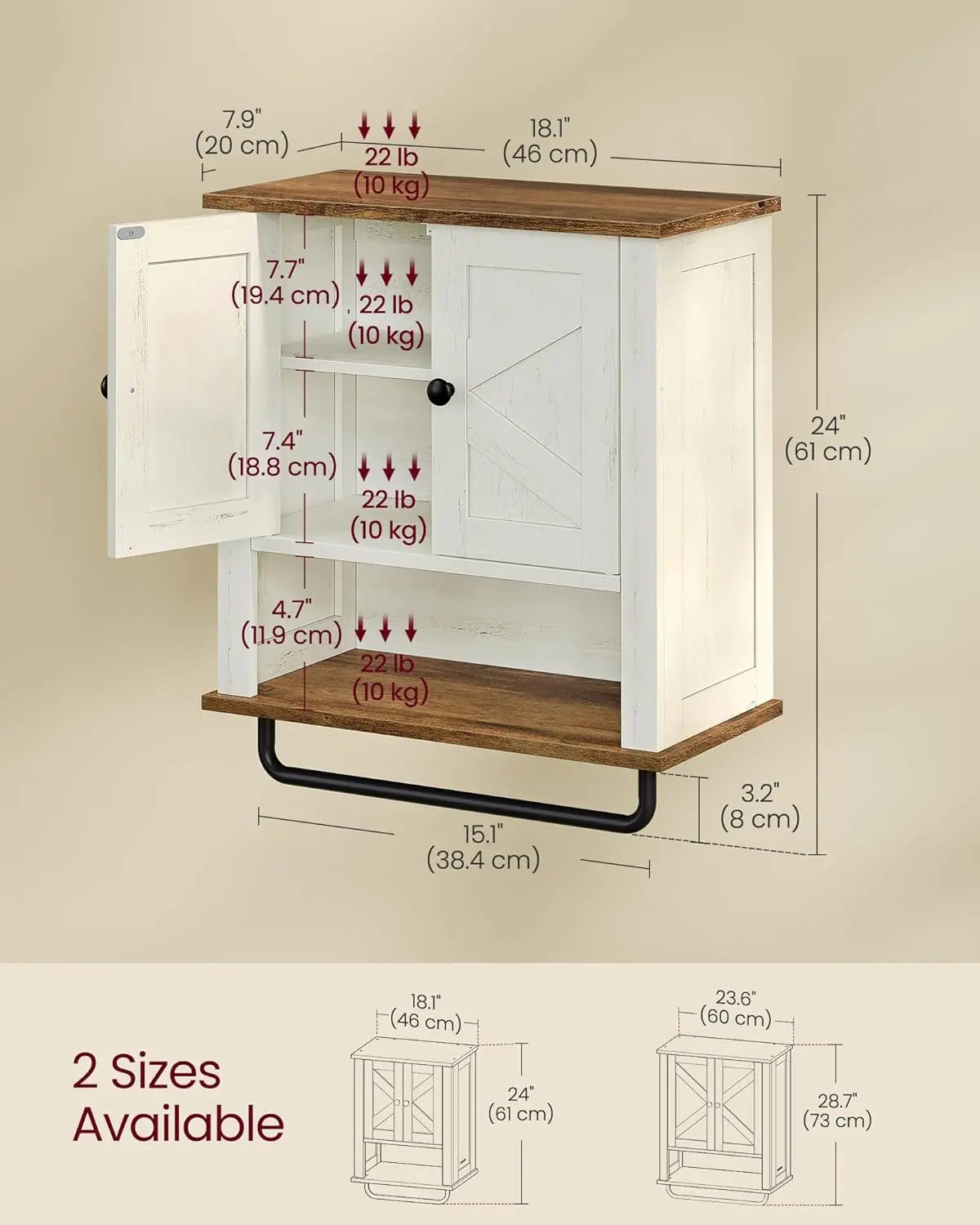 Farmhouse Wall-Mounted Bathroom Cabinet with Adjustable Shelf, Towel Bar, and Barn Doors - Rustic White