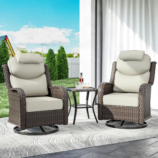3-Piece High-Back Outdoor Swivel Rocking Chairs Set of 2 with Cushions and Side Table, Brown