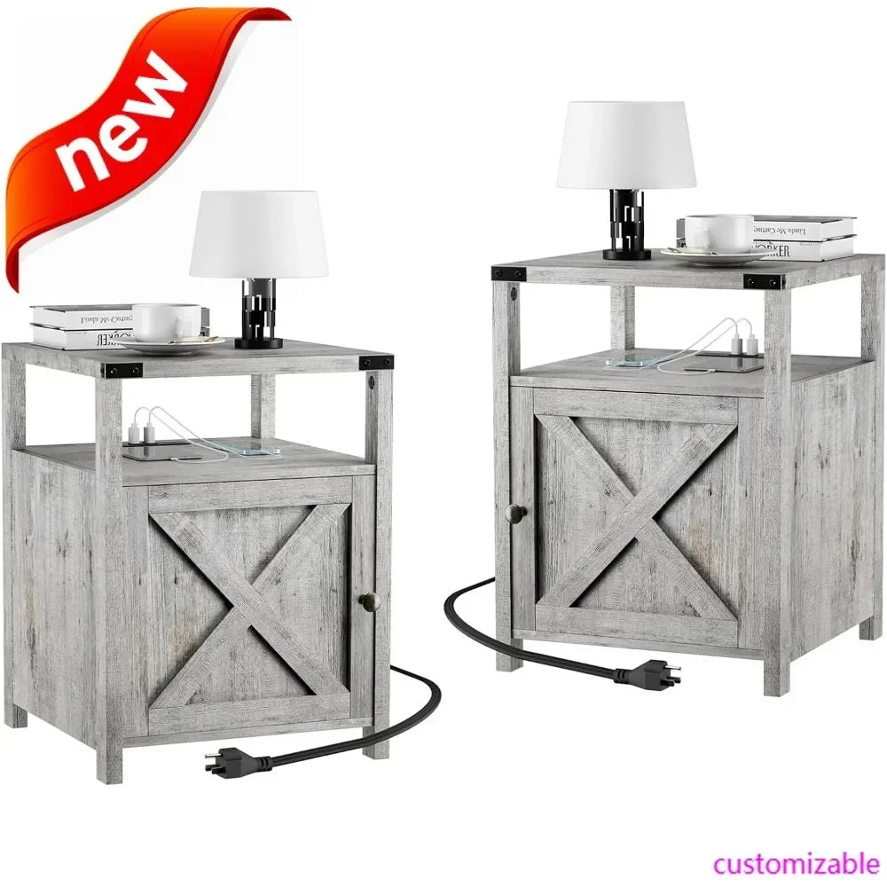 Farmhouse Nightstand Set of 2 – Rustic End Tables with Storage for Bedroom & Living Room