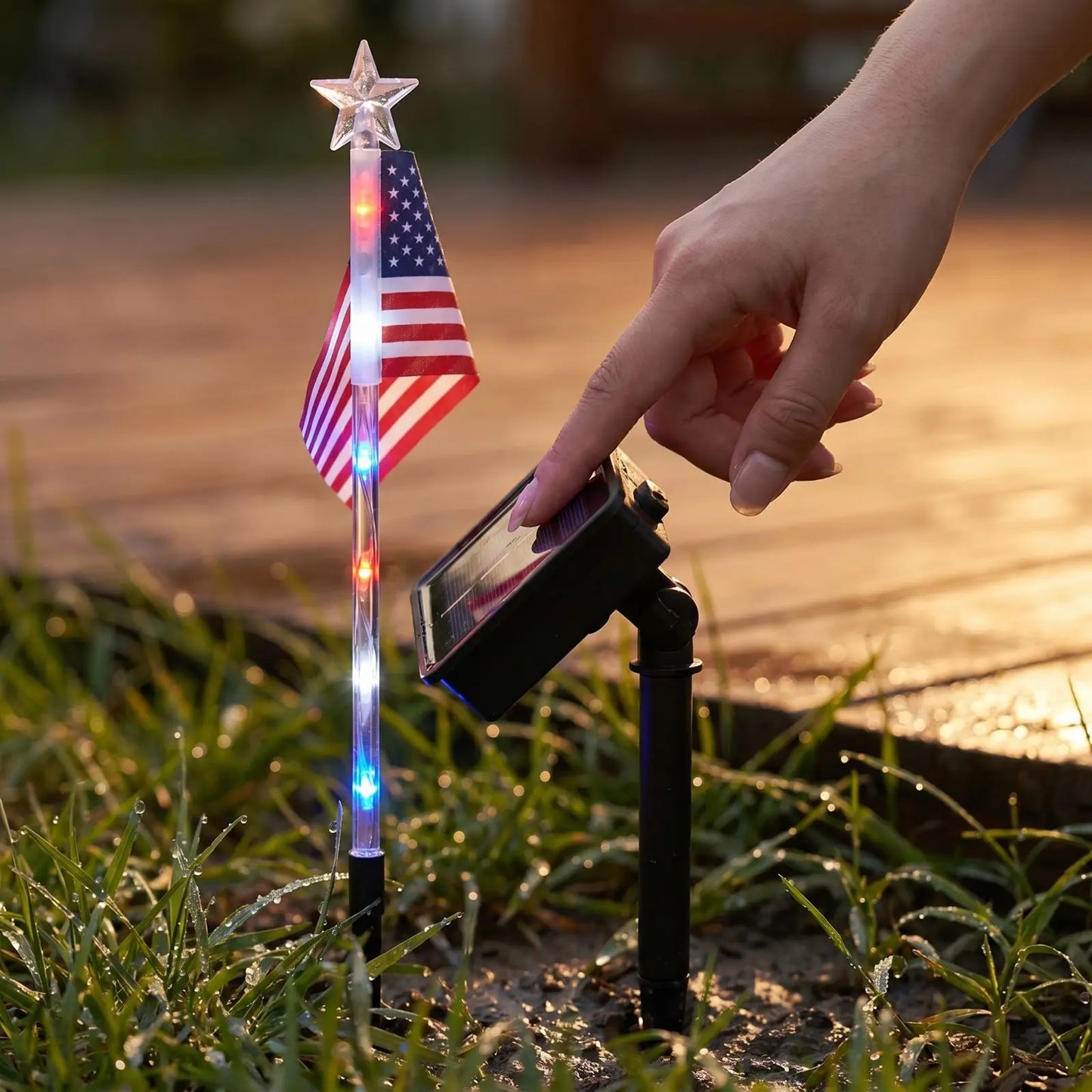 Solar Powered American Flag LED Pathway Lights - Waterproof