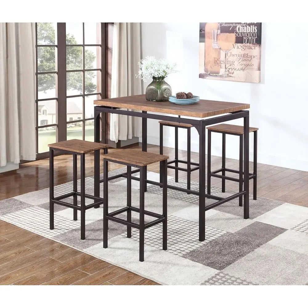 5-Piece Rustic Weathered Wood Bar Table Set with Metal Legs and Backless Stools