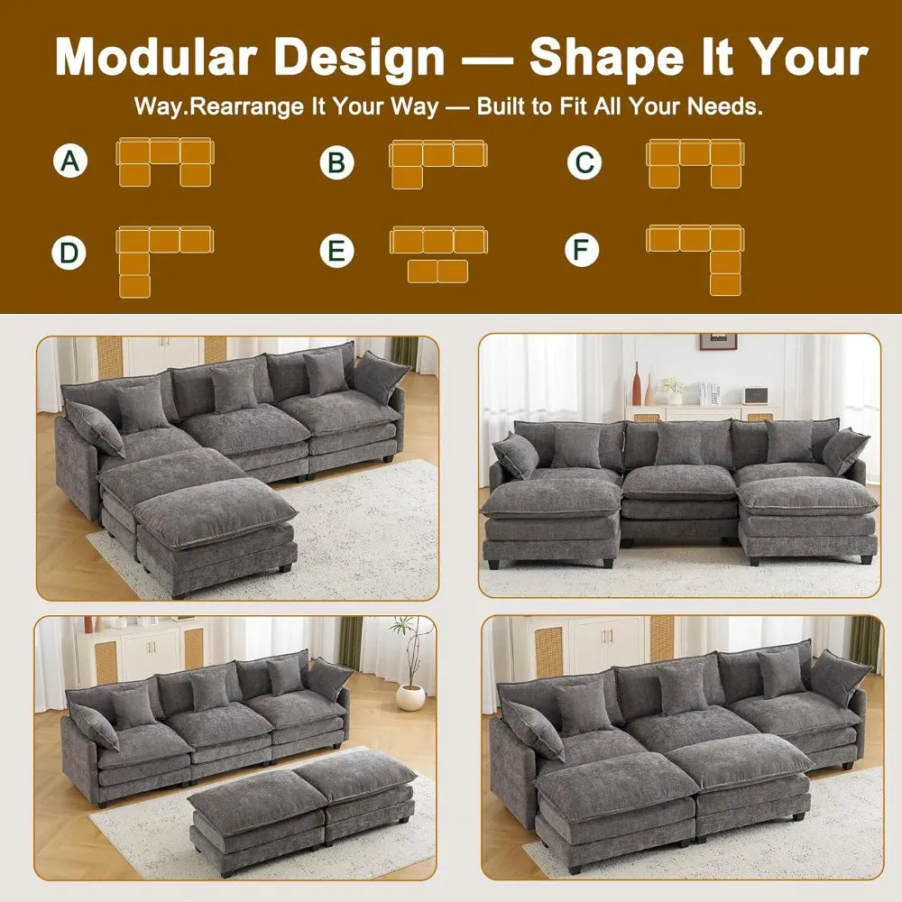 Modular Sectional Sofa with 2 Movable Ottomans, Deep Seats