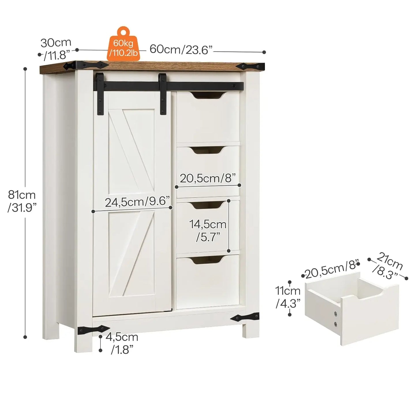 Storage Cabinet, Farmhouse with Sliding Barn Door, Adjustable Shelf and 4 Drawers, 11.8" D x 23.6"