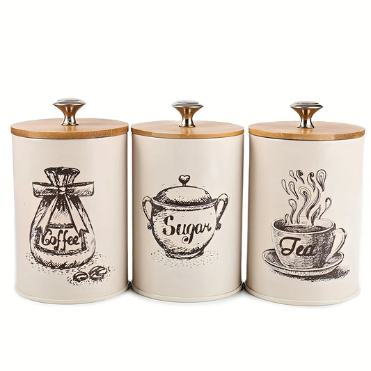 3Pcs Canister Set for Kitchen Counter, Coffee Sugar Tea Canister, Metal Vintage Kitchen Containers