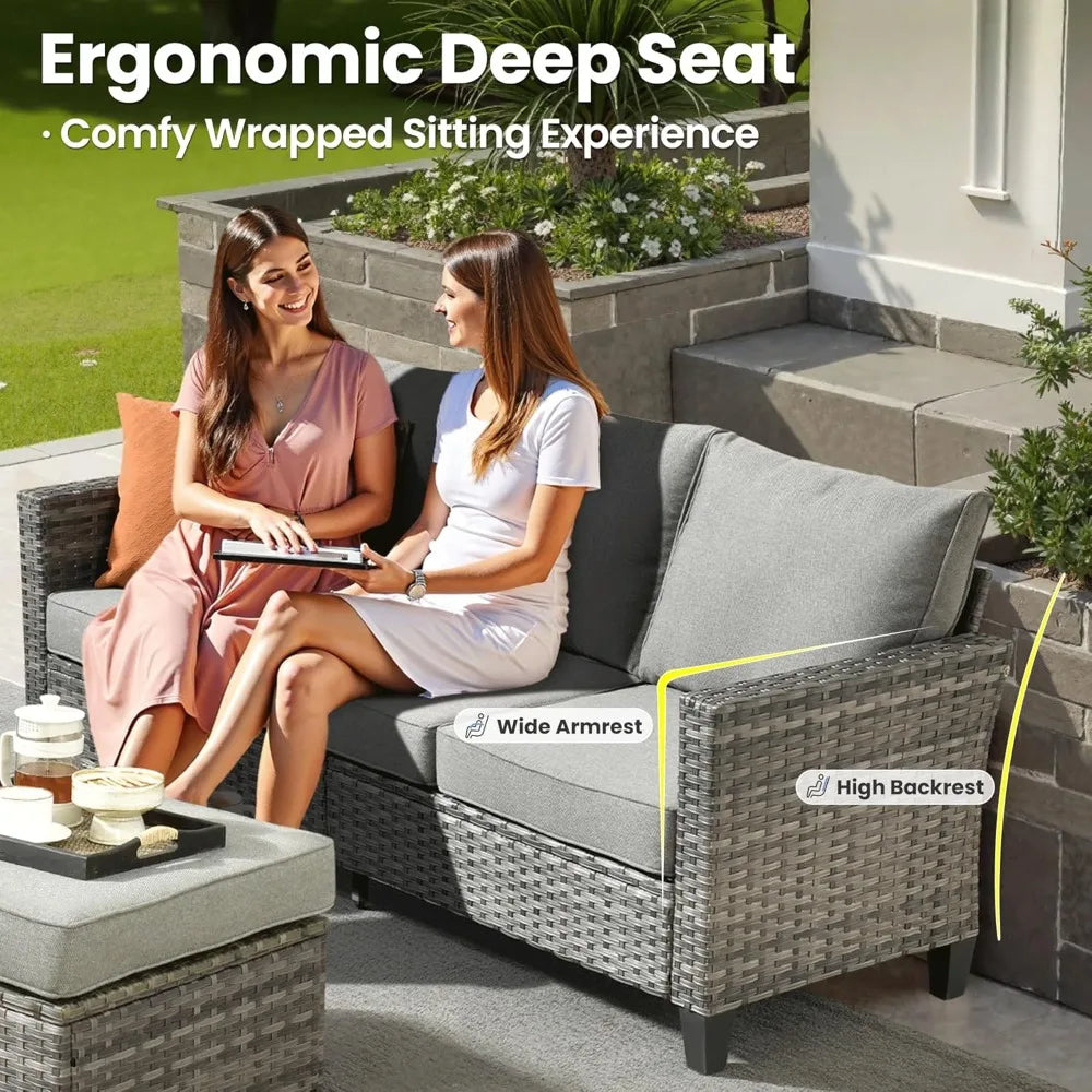 5 Piece Patio Outdoor Wicker Furniture Set - Sofa Couch With Chairs and Ottomans