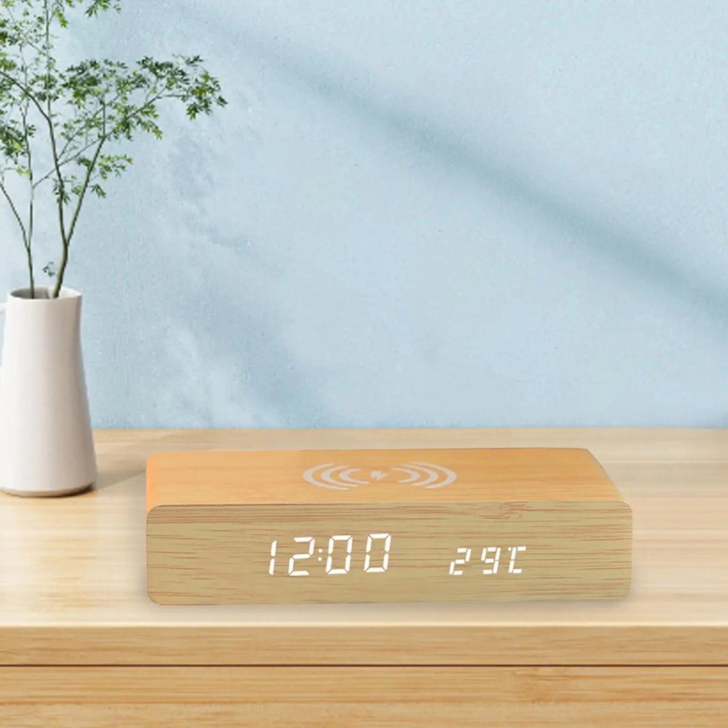 Minimalist Wooden Digital Clock – Wireless Charging Bedside Alarm