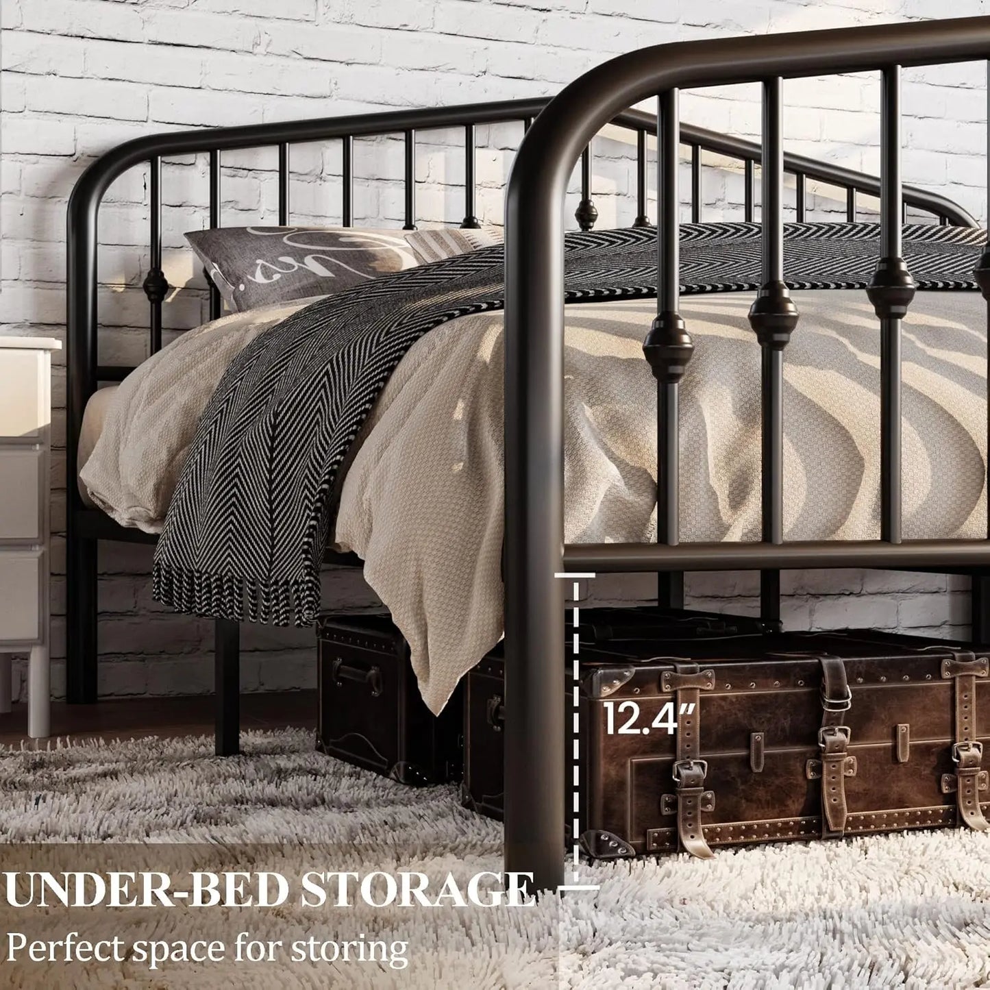 Queen Size Metal Bed Frame with Victorian Iron Headboard, Black
