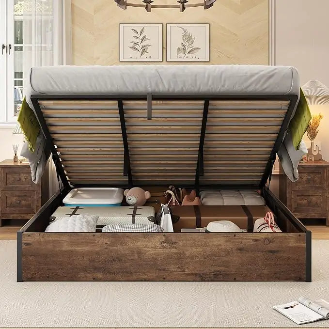 Queen Bed Frame with Lift up Storage, Wooden Platform
