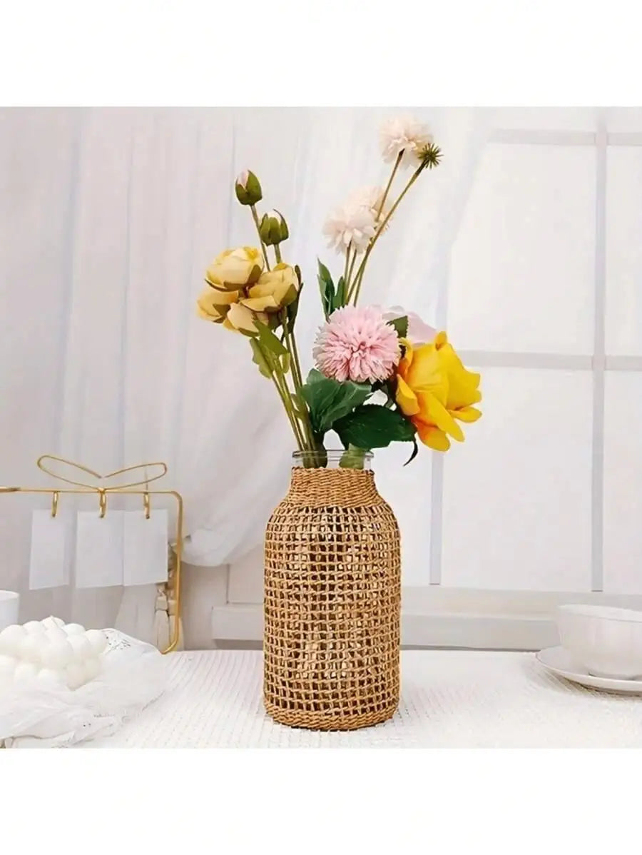 Woven Cylindrical Glass Vase – Decorative Desktop Planter for Home & Office