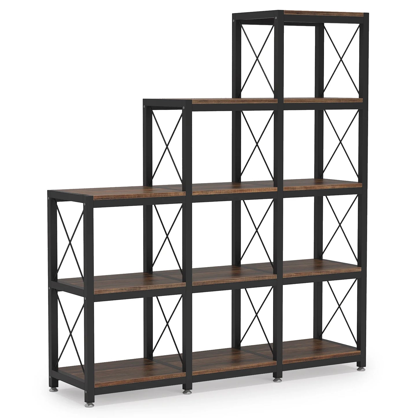 9-Cube Stepped Etagere Bookshelf | 12-Shelf Industrial Ladder Bookcase