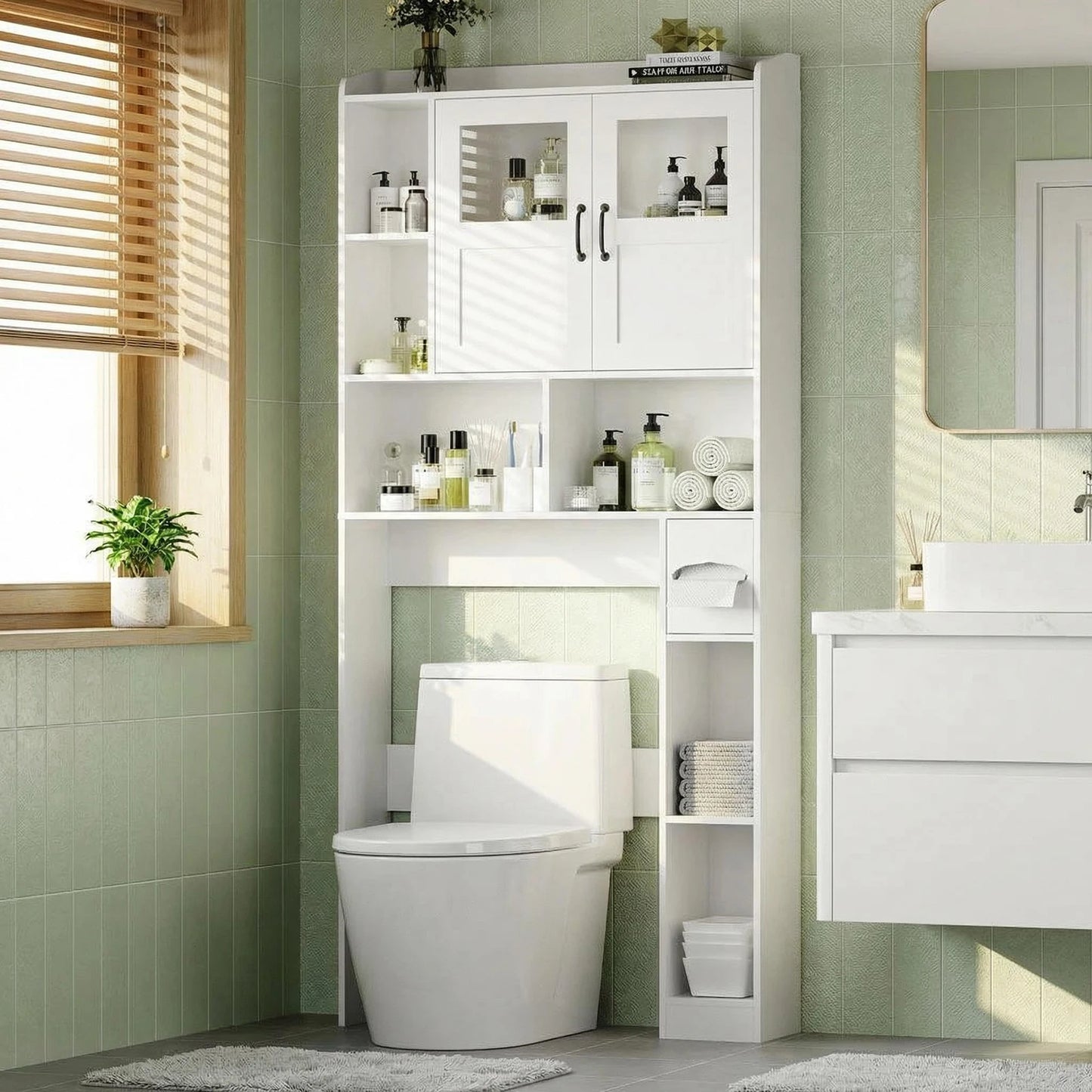 67.4" Over Toilet Storage Cabinet With Glass Door