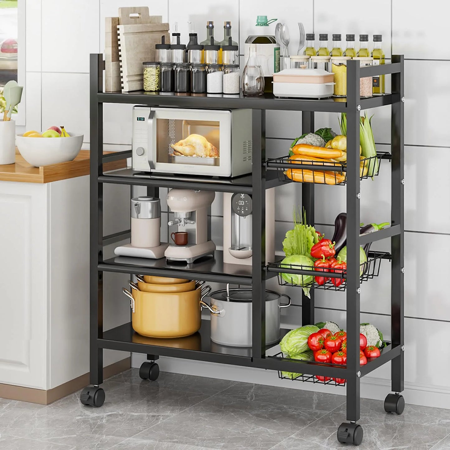 4‑Tier Removable Cabinet Storage Rack – Black Metal Vegetable & Fruit Organizer