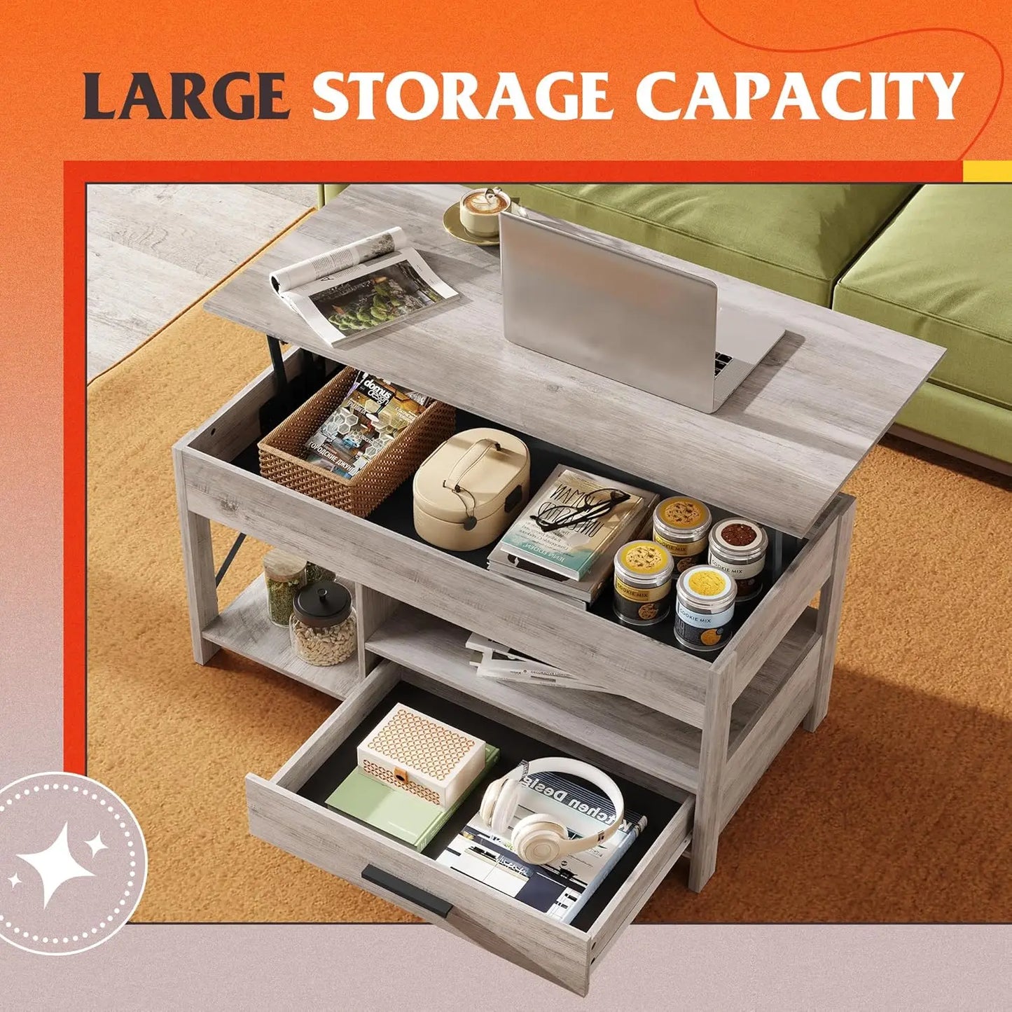 39" Lift Top Coffee Table with Hidden Compartment, Storage Drawers and Storage Shelf for Living Room