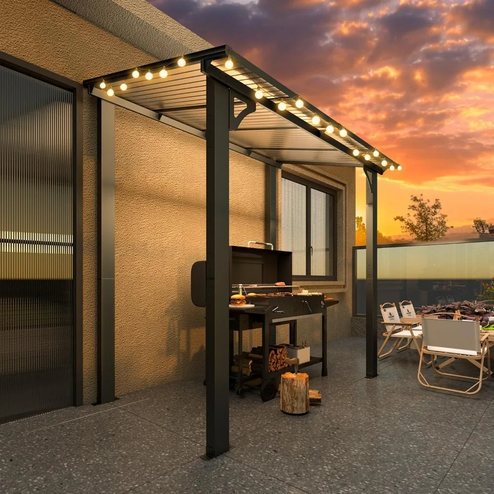 Lean-to Hardtop Grill Gazebo Shelter with Roof, Wall-Mounted Heavy Duty Awning for Patio, Deck, or Outdoor BBQ