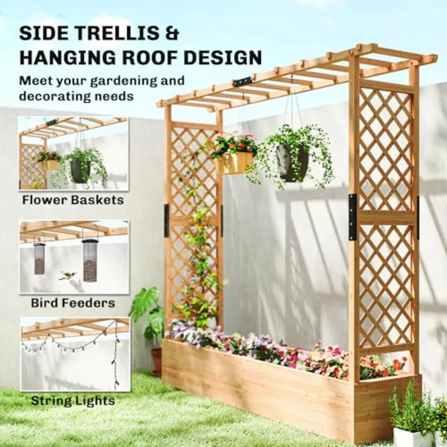 Raised Garden Bed with Trellis, Wooden Planter Box with Hanging Roof and Drainage Holes