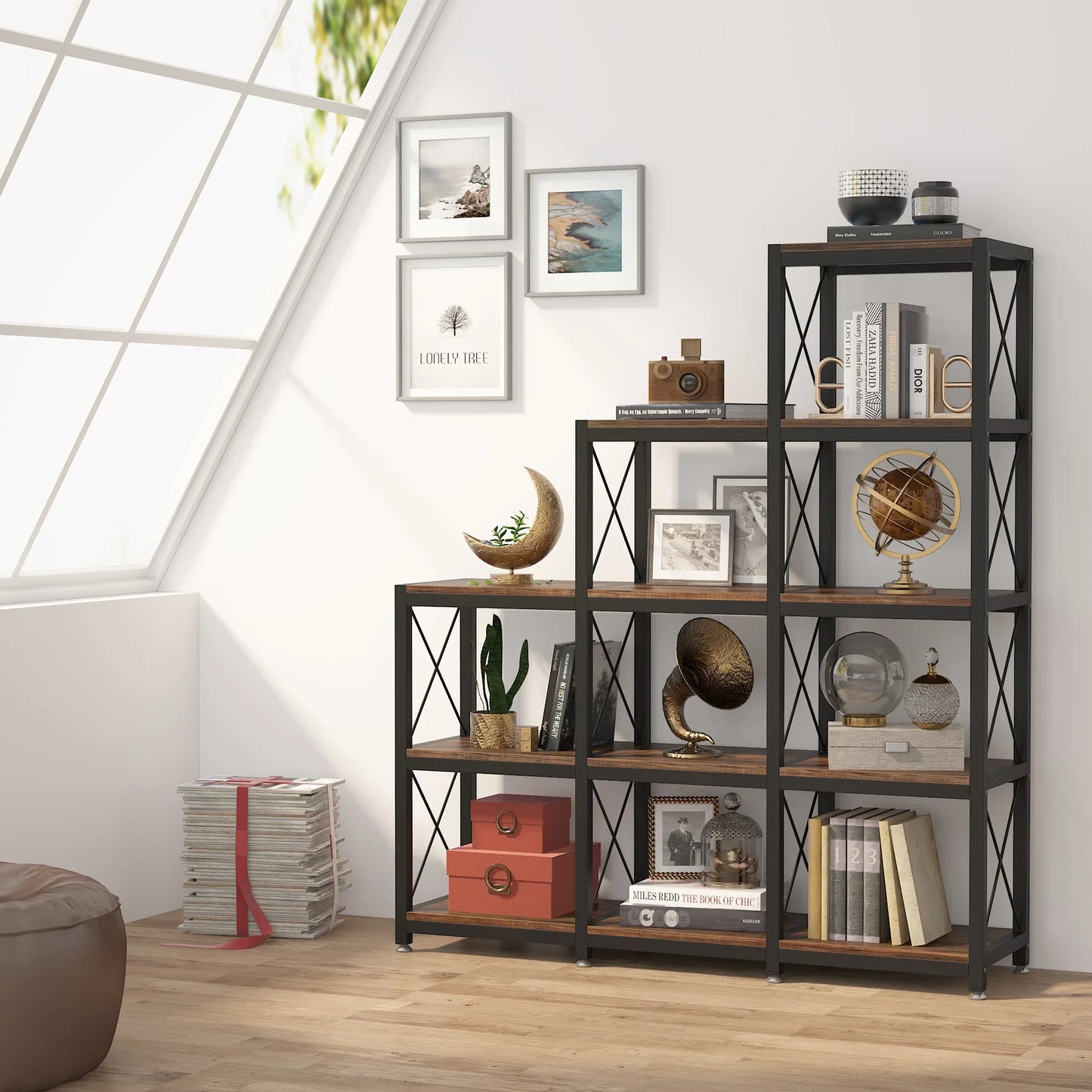 9-Cube Stepped Etagere Bookshelf | 12-Shelf Industrial Ladder Bookcase