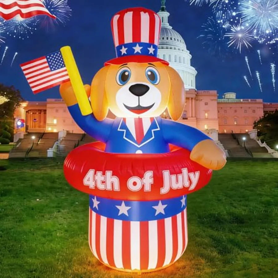 5FT Patriotic Puppy Inflatable – 4th of July Blow‑Up Decoration with Hat & Waving USA Flag