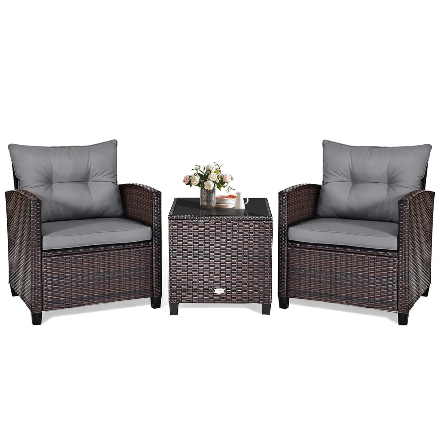 3‑Piece PE Rattan Patio Furniture Set – Outdoor Chairs with Washable Cushions & Tempered Glass Table (Multiple Colors)