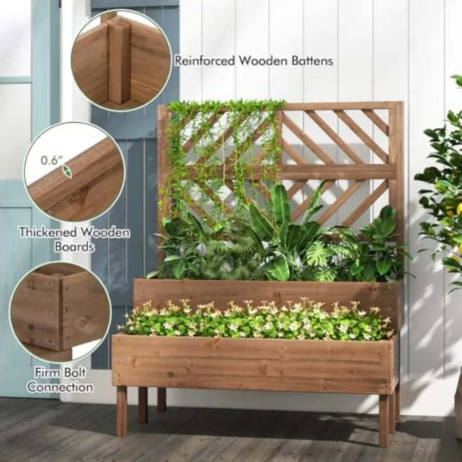 Outdoor Wooden Raised Garden Bed – 2‑Tier Planter Boxes with Trellis & Drainage Holes (Brown)
