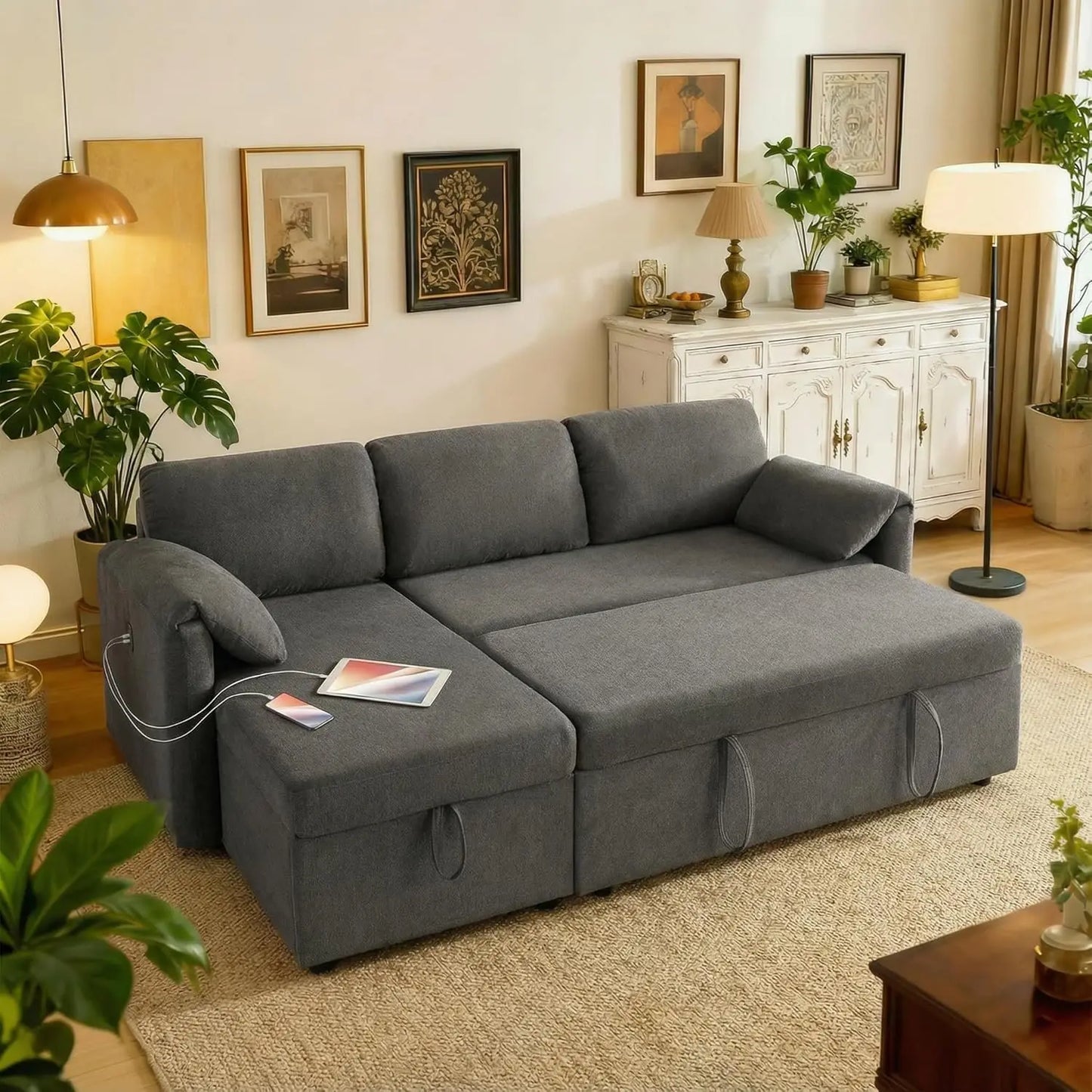 83'' Pull Out Sofa, 3 in 1 Sleeper with USB & Storage Chaise