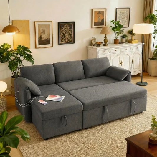 83'' Pull Out Sofa, 3 in 1 Sleeper with USB & Storage Chaise