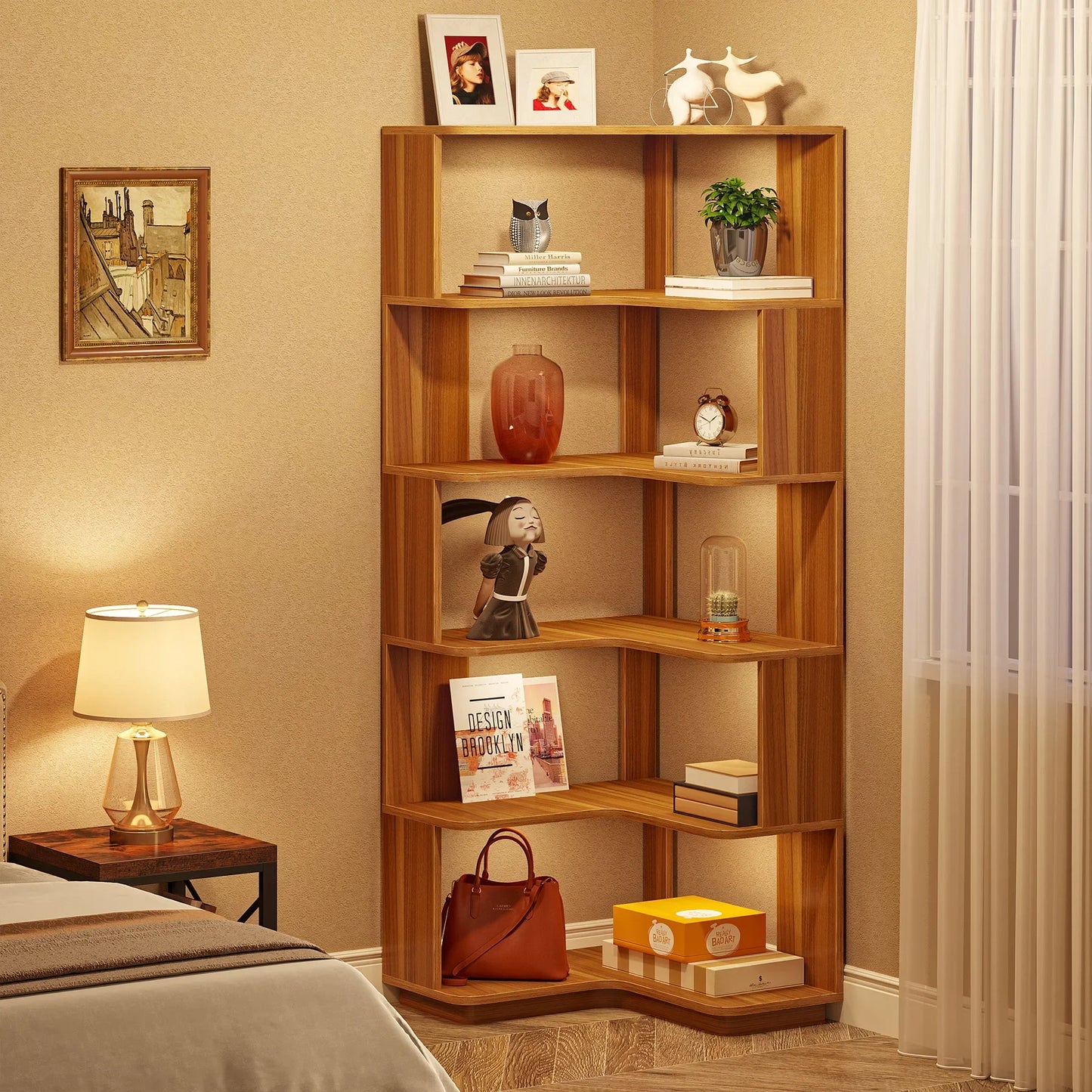 65" Tall Industrial Corner Bookshelf | 6-Tier Storage Bookcase with Anti-Drop Panels