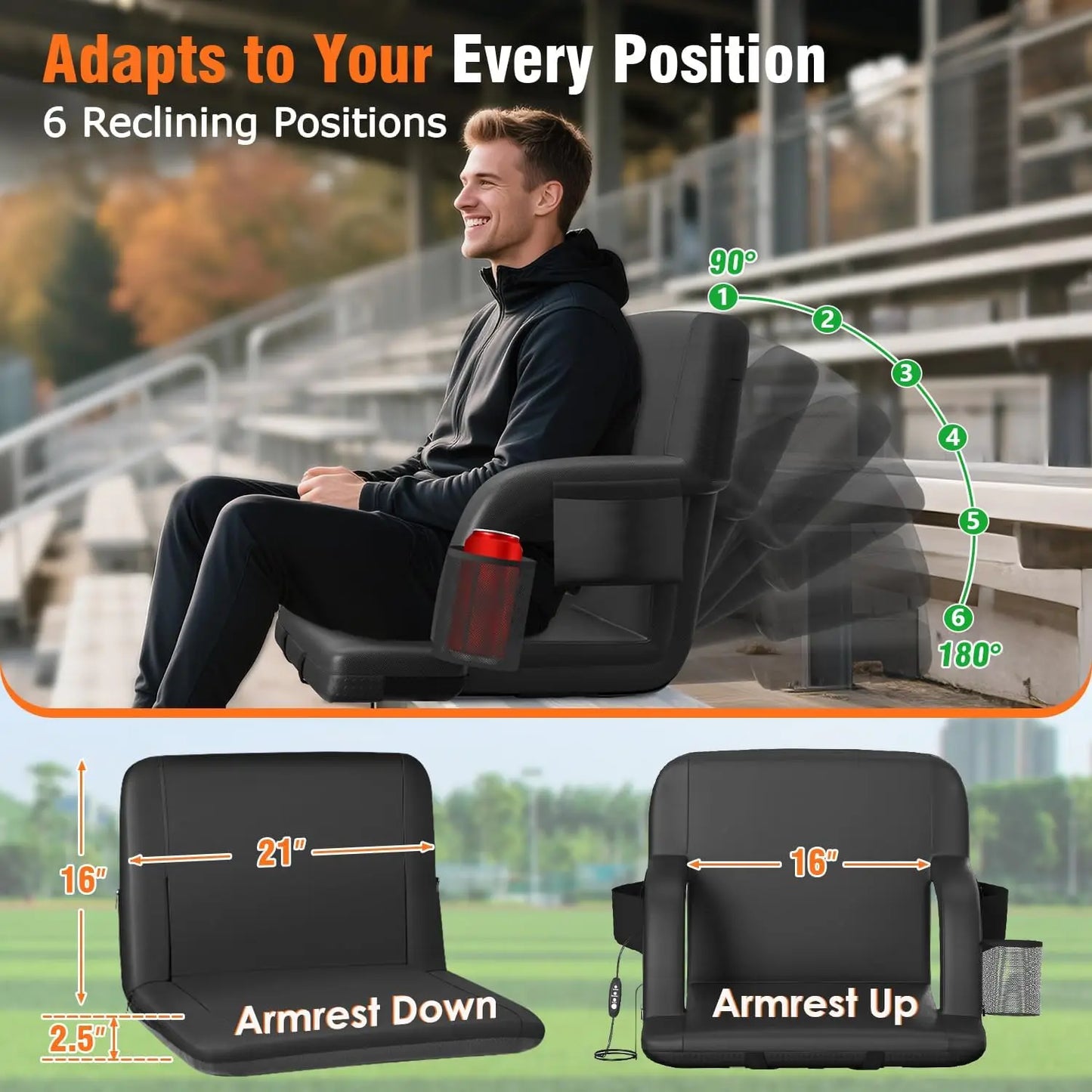 Heated Stadium Seat with Back Support, Foldable Chair with USB Heating and Storage Pockets for Outdoor Events