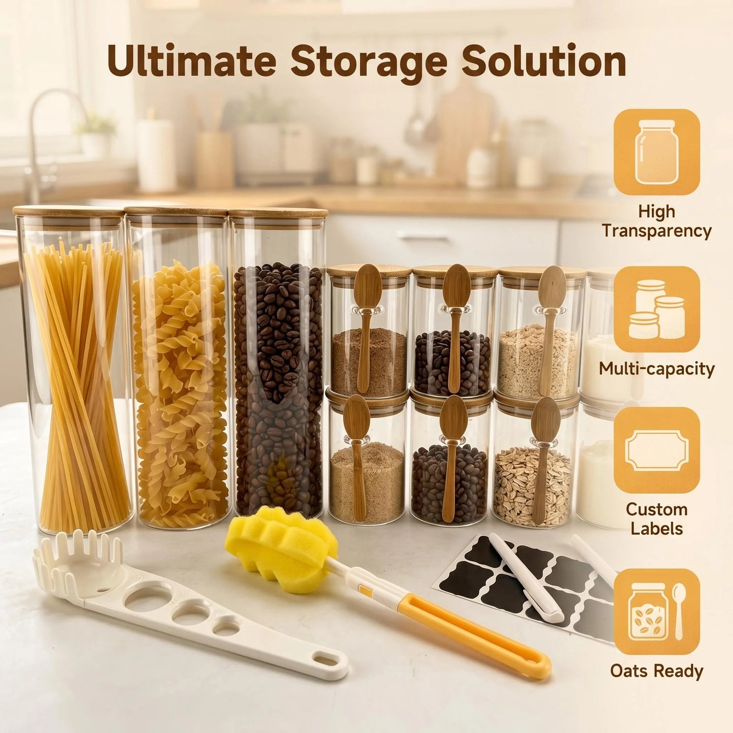 11-Piece Glass Food Storage Jar Set with Bamboo Lids & Spoons