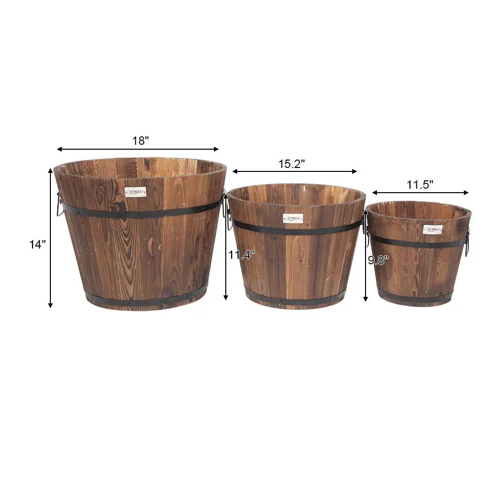 3‑Piece Large Wooden Planter Barrel Set – Real Wood Flowerpots with Drainage (11.5"–18")