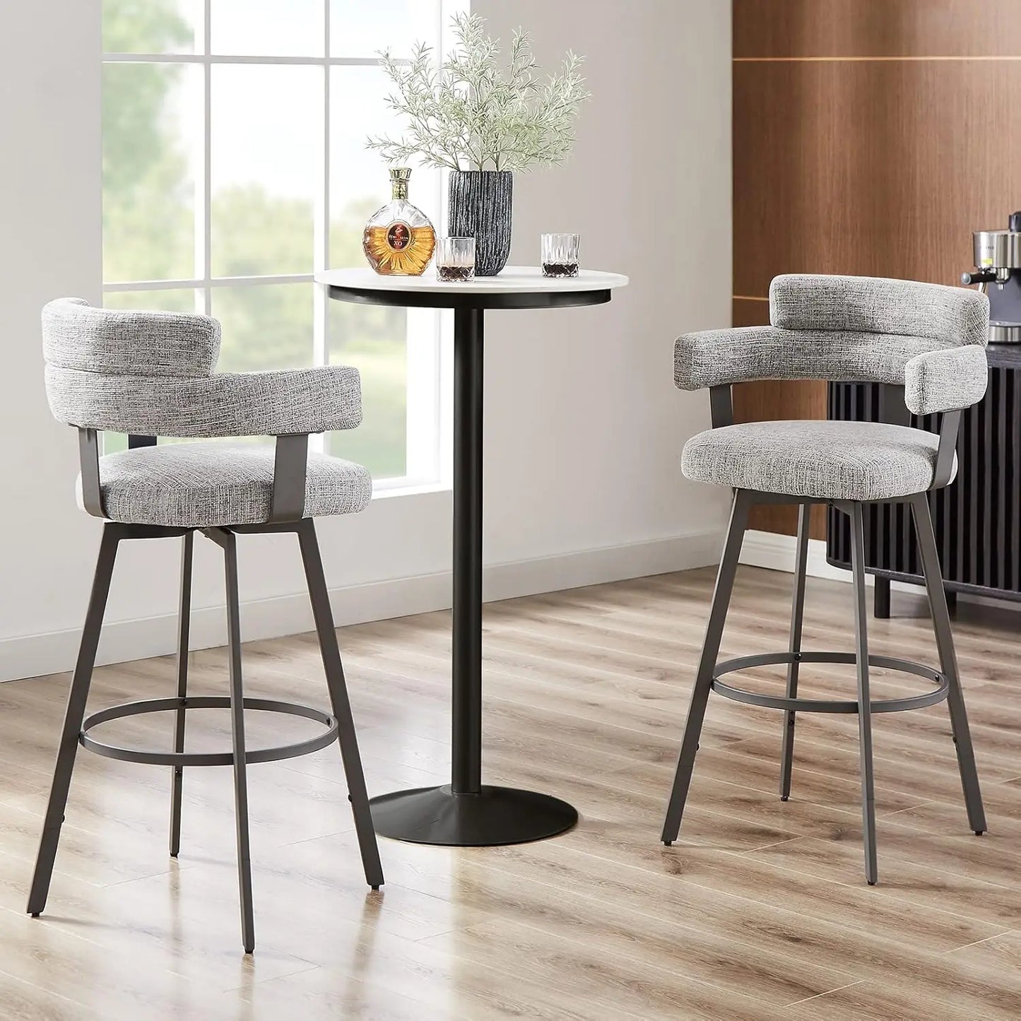 30" Swivel Bar Stools (Set of 2) – Full‑Back Chairs with Linen Padding & Metal Footrest