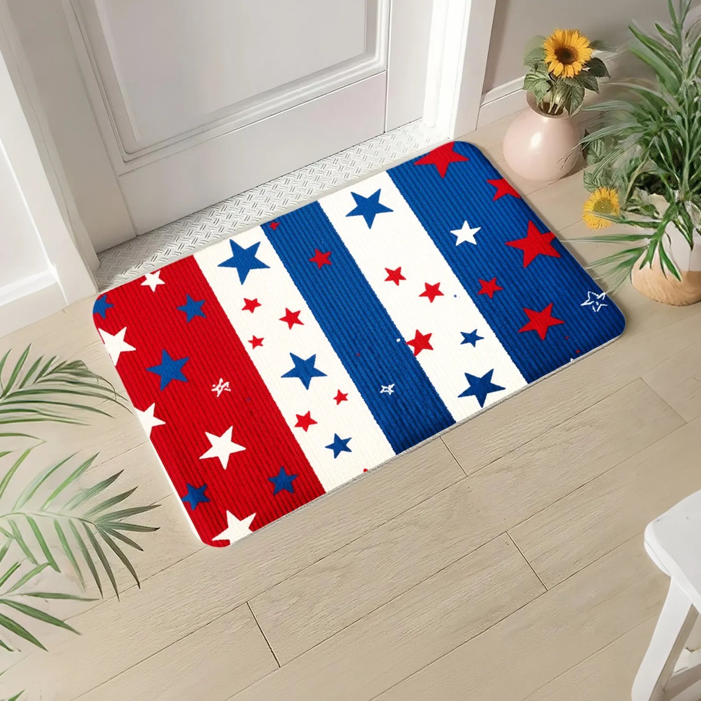 Patriotic Red White Blue Stars & Stripes Entrance Mat – Front Door Greeting Rug for Home Decor