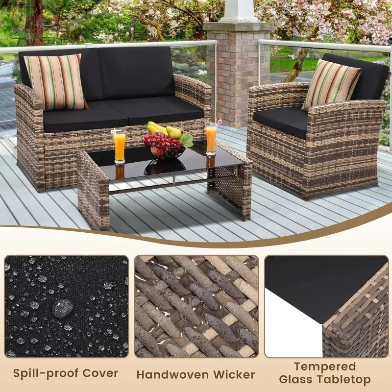 4‑Piece All‑Weather Rattan Sectional Sofa – Outdoor Patio Furniture Set with Cushions & Tempered Glass Table