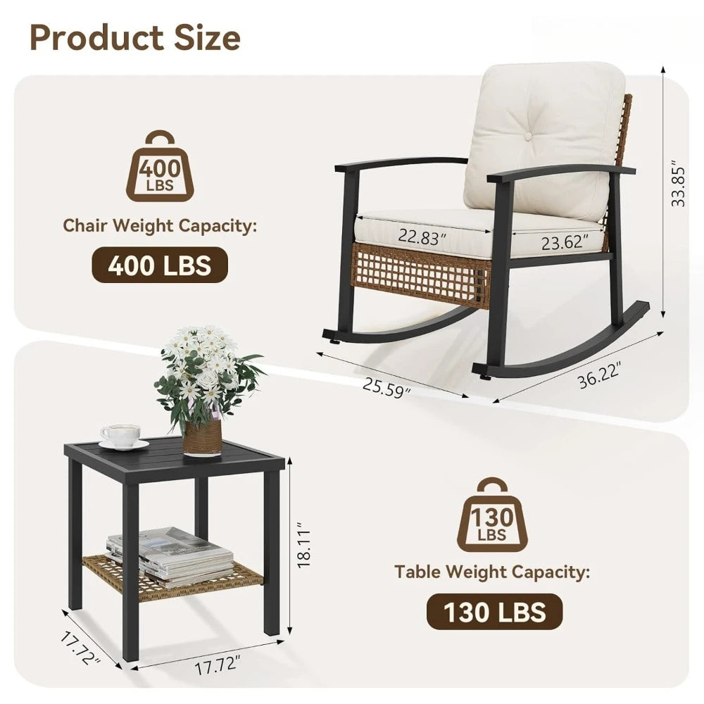 3-Piece Rattan Rocking Bistro Set: 2 Cushioned Wicker Chairs & Coffee Table