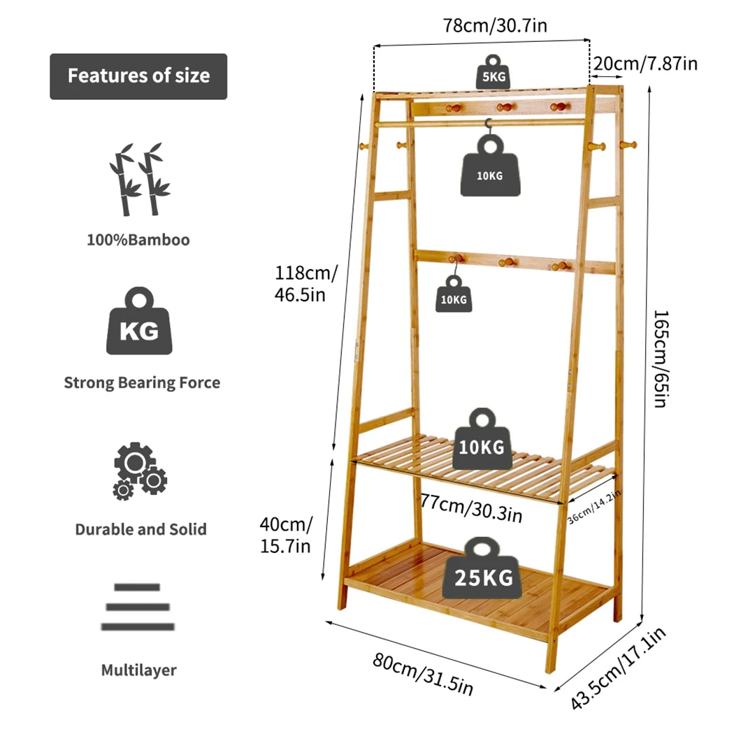 Bamboo Clothes Stand/Rack with 3 Tiers and Storage Shelves