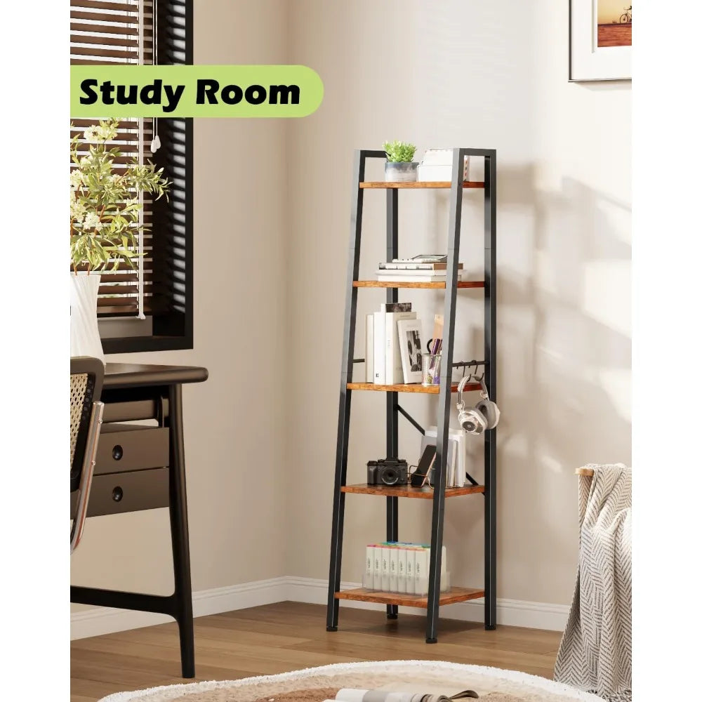 5-Tier Leaning Ladder Shelf Bookcase | Tall Narrow Storage Rack with Hooks