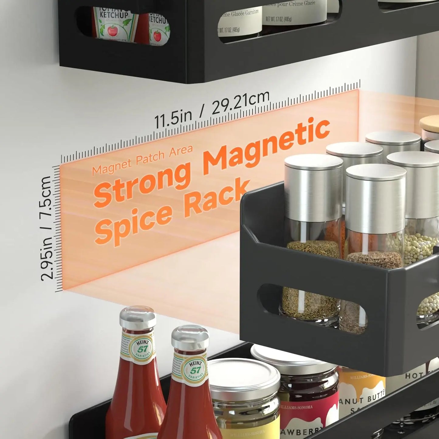 Magnetic Spice Rack for Refrigerator, Kitchen Organizer and Storage Shelf, Black (4 Pack)