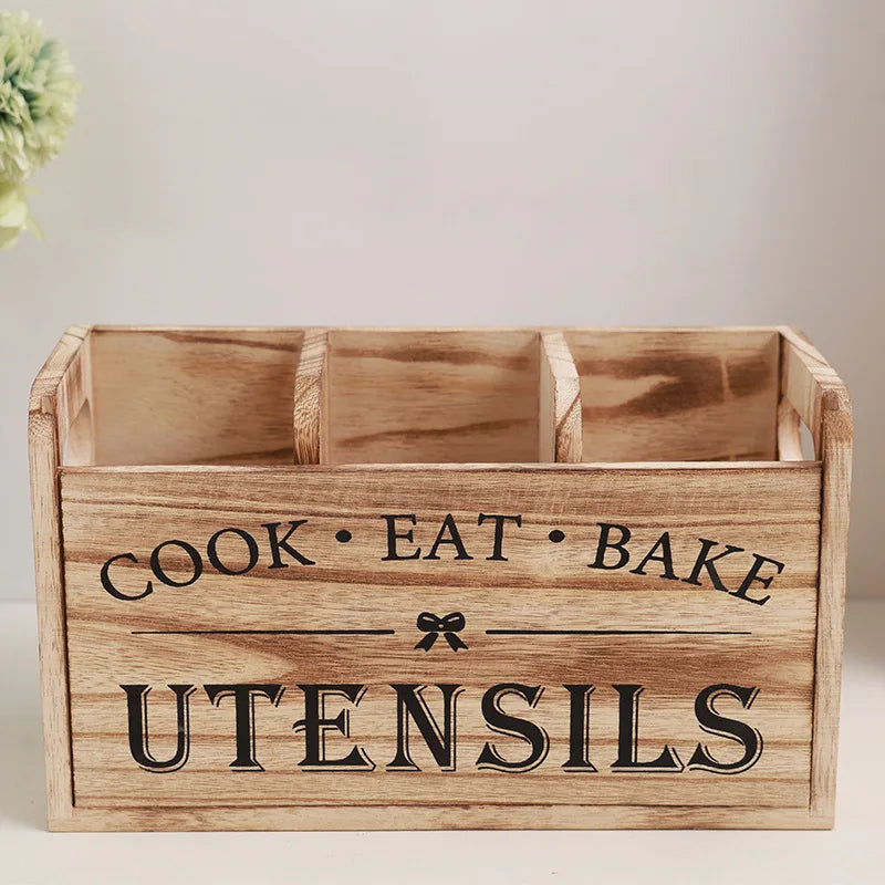 Solid Wood Kitchen Utensil Holder with Divider T