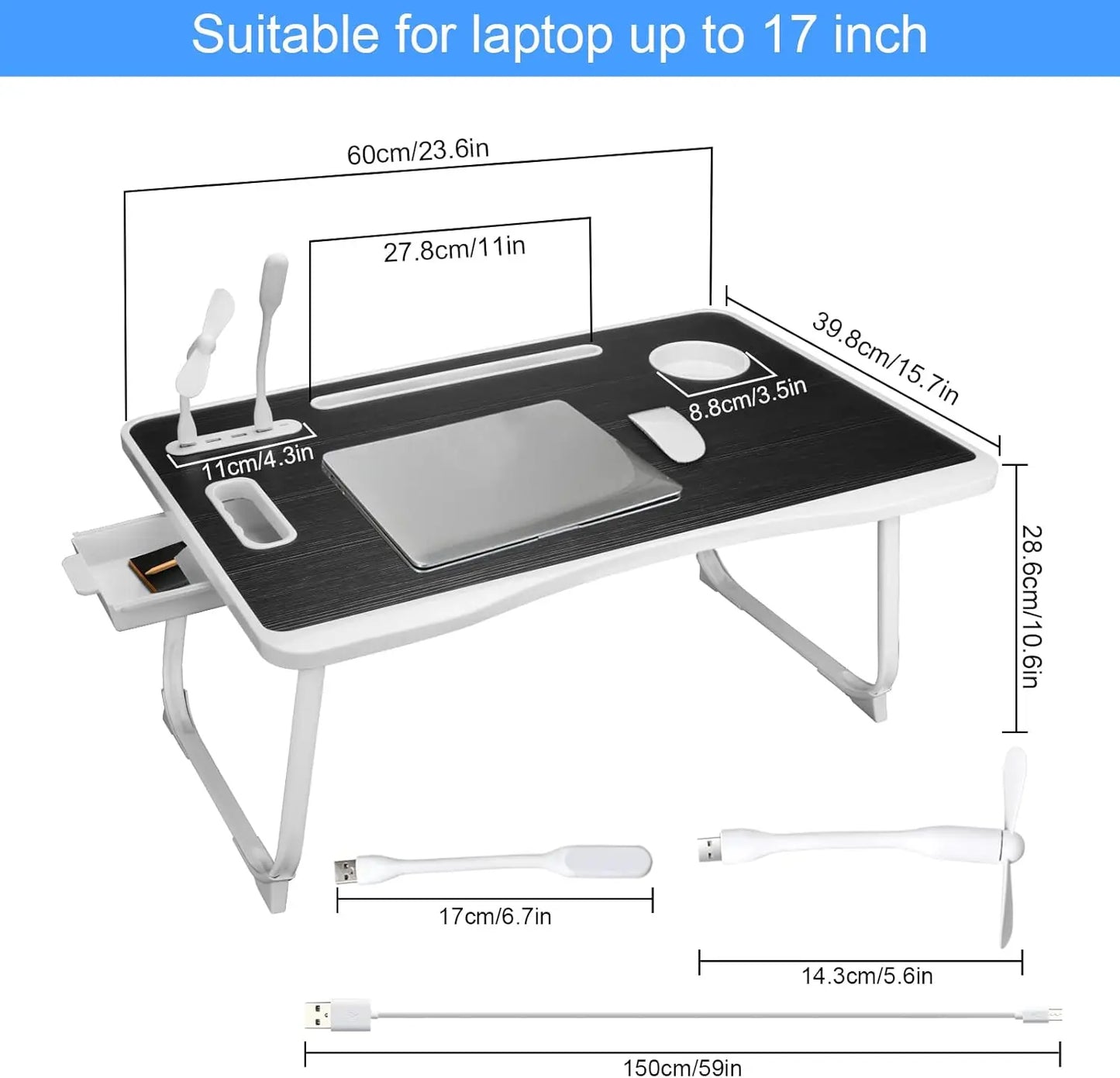 Foldable Laptop Bed Desk with USB Ports, Cup Holder & Drawer – Portable Bed/Sofa Work Tray