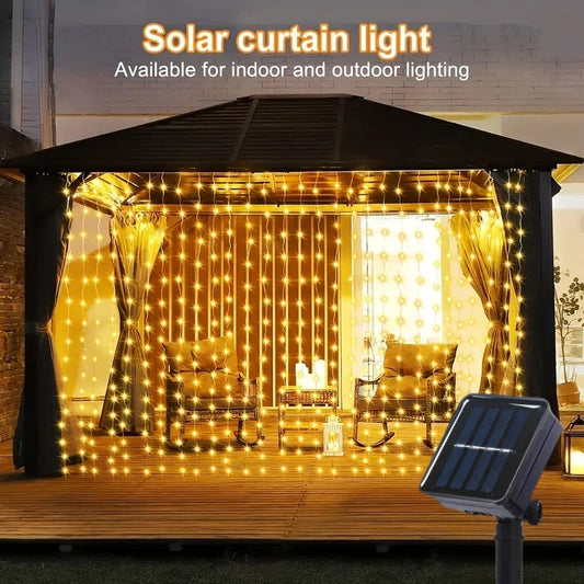 Outdoor Solar Curtain String Lights – Waterproof LED Set with 8 Lighting Modes