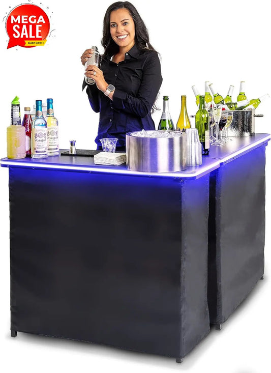 Portable Double Bar Table Set with LED Lights | Mobile Bartender Station & Carrying Case