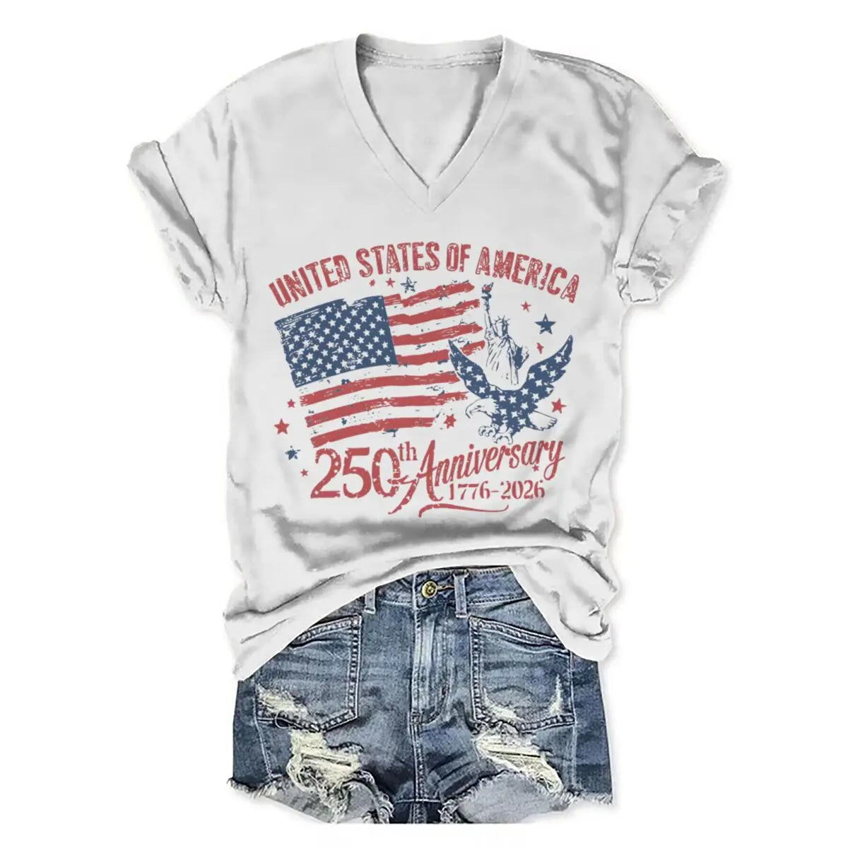 4th of July V-neck T-Shirt Women Clothing America 250th Anniversary Graphic T Shirt 1776-2026 USA 250th Birthday Tops