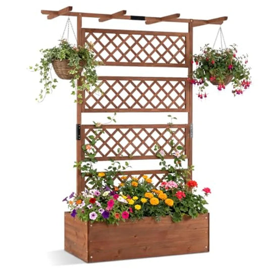 Raised Garden Bed with Trellis 72'' Wooden Planter w/Privacy Screen and Roof  w/Drainage