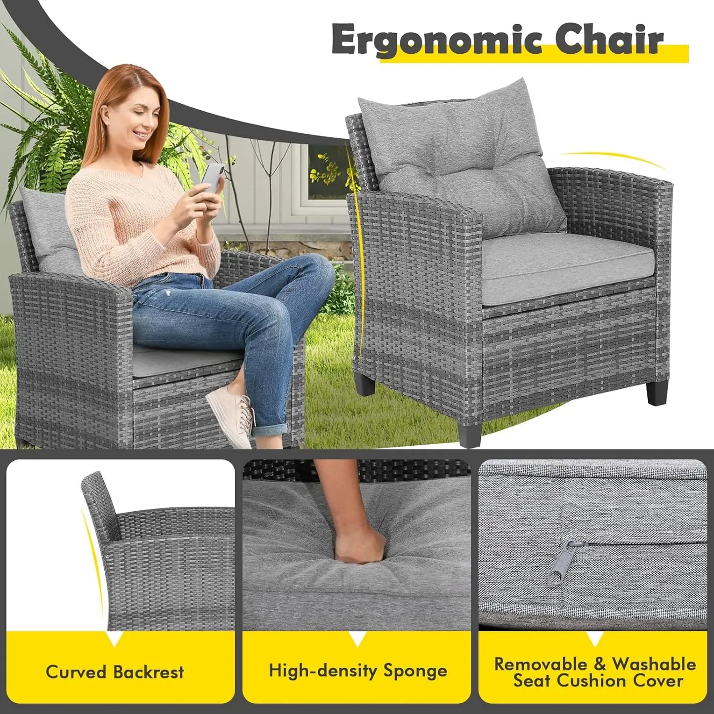 3 Pieces Patio Furniture Set, Outdoor Rattan Chair Set with Tempered Glass Side Table